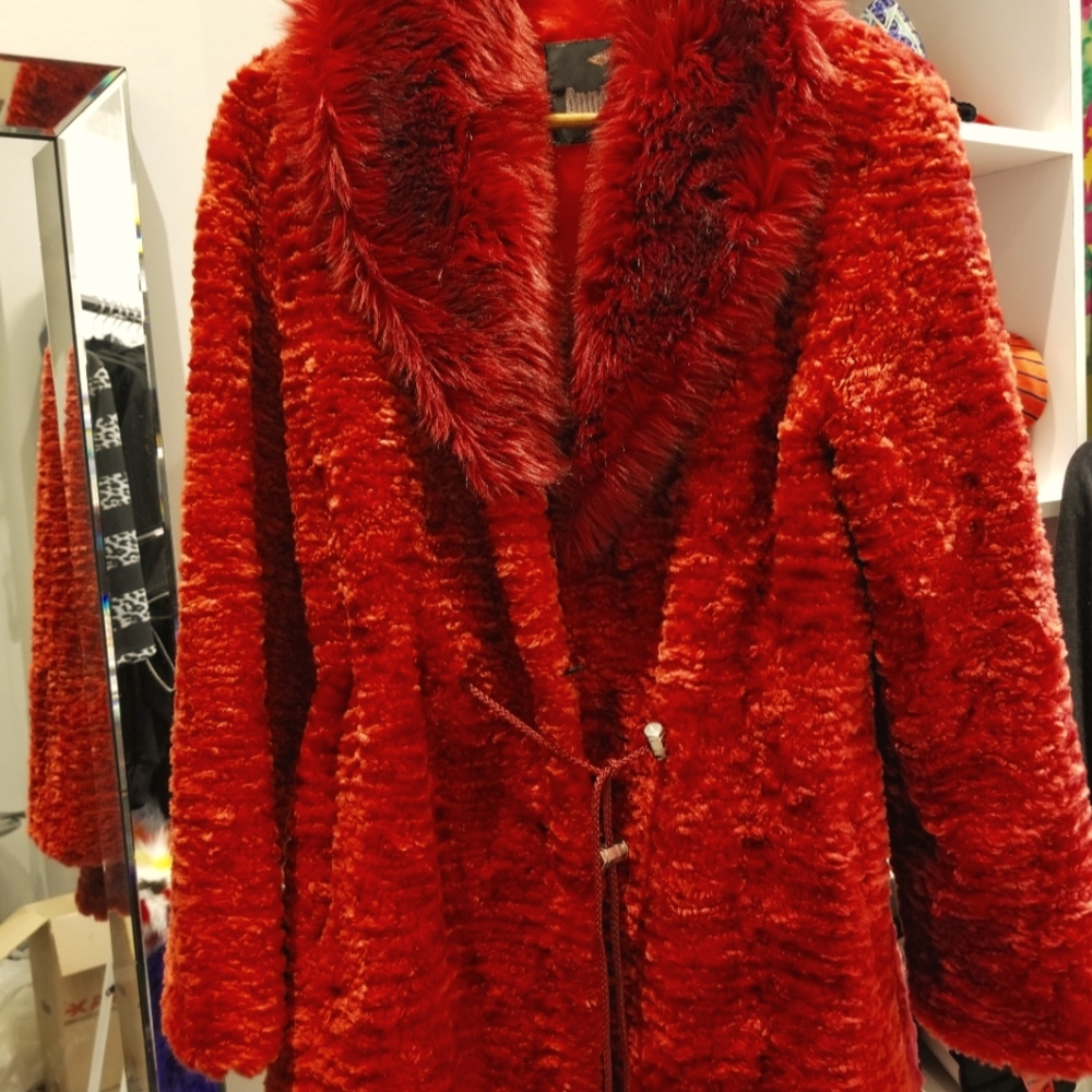 Faux fur red lambs shearling coat